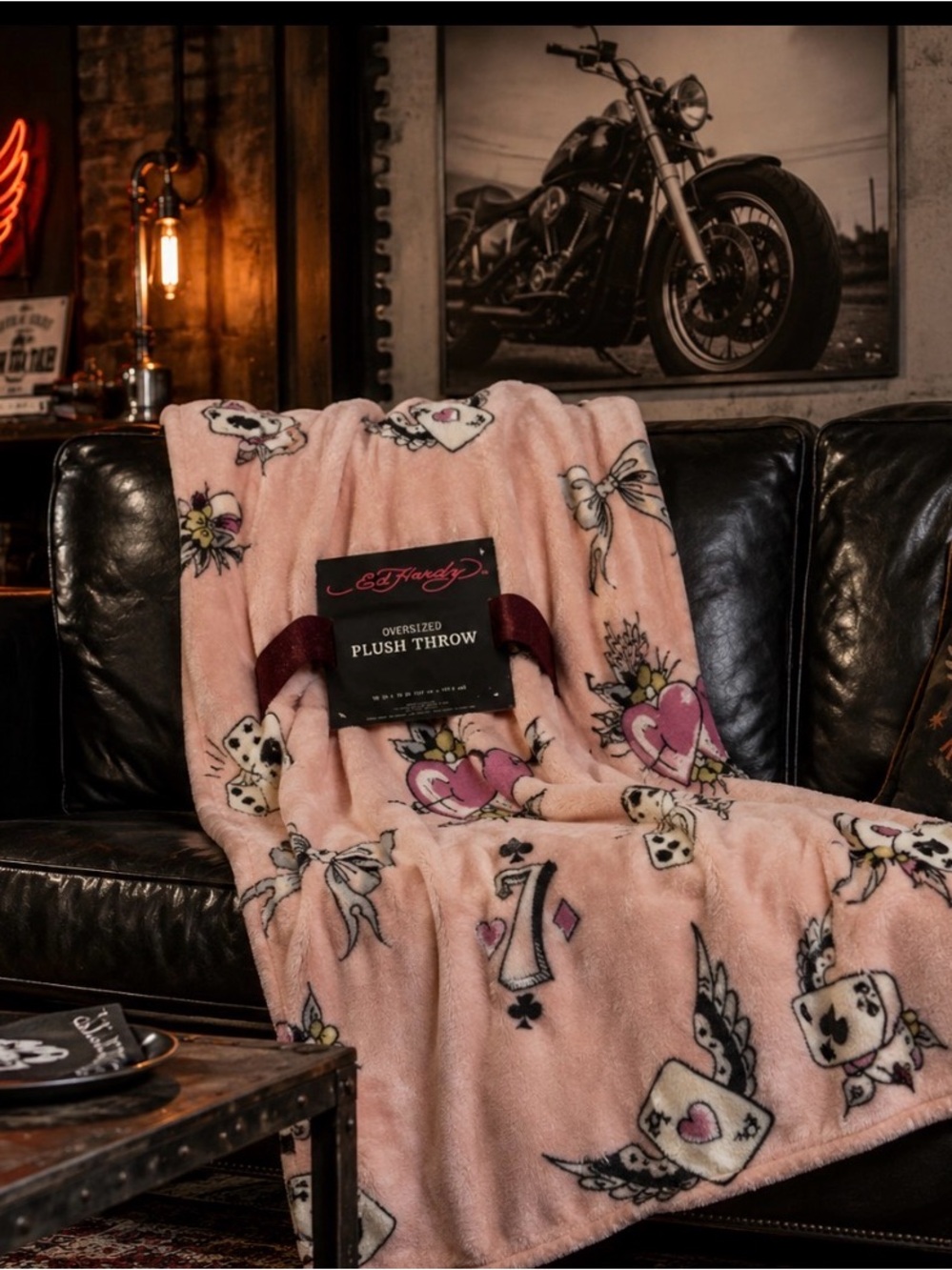 Ed Hardy Pink Plush Throw Blanket with Tattoo Motif